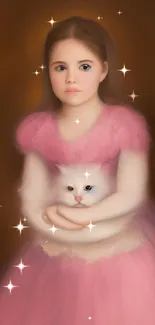 A young girl in pink holding a white kitten with a warm brown background.