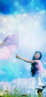 Girl with umbrella in dreamy pastel sky wallpaper.