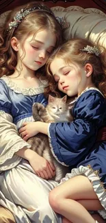 Two girls in blue dresses, holding a cat, resting on a chair.