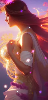 Ethereal goddess figure in violet sunset with flowing hair and golden accents.