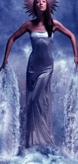 Ethereal goddess with waterfall and halo, in dark purple hues.