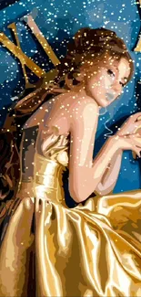 Woman in gold dress with starry background, artistic style.