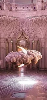 Gothic room with floating glowing cloud.