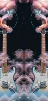 Surreal electric guitar art with dreamy clouds and sky blue tones.