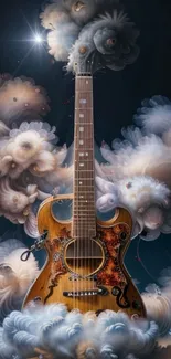 Artistic guitar surrounded by clouds under a starry sky.