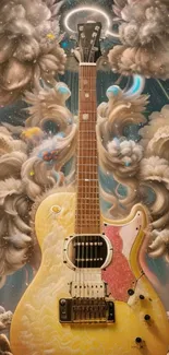 Guitar with swirling clouds and a cosmic backdrop in a dreamy wallpaper.