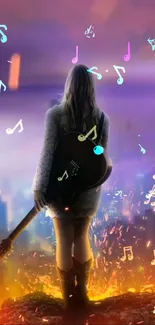 Woman holding guitar amidst colorful music notes and vibrant city skyline.