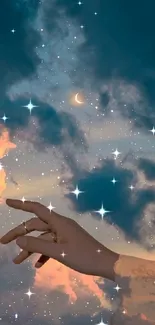 Hand reaching towards starry sky with teal cloud backdrop.