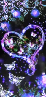 A glowing heart with butterflies on a dark floral background.