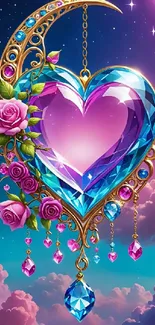 Dreamy heart with roses and moon mobile wallpaper.