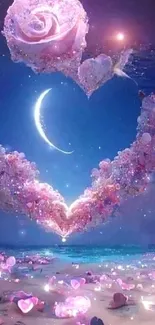 A heart of pink clouds and crescent moon on a deep blue night sky wallpaper.