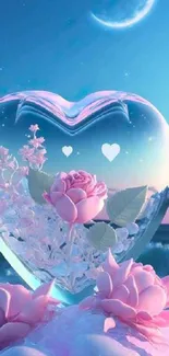 Glass heart with pink roses under a crescent moon in twilight sky.