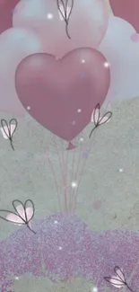 Mobile wallpaper with heart balloons and pastel background.