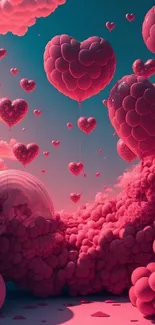 Hearts balloons in dreamy pink sky.