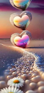 Heart-shaped bubbles above a sunset beach scene with vibrant colors.