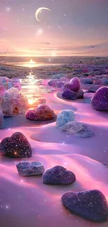 Dreamy sunset with heart-shaped stones on a pastel beach.