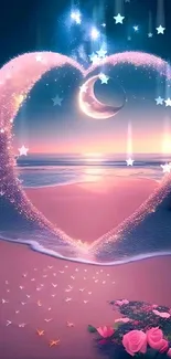 Romantic beach scene with heart light under a starry sky at sunset.