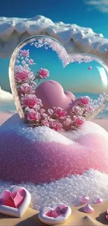 Dreamy pink heart in crystal on a sandy beach with flowers and ocean backdrop.