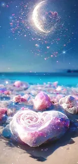 Dreamy beach wallpaper with moon and hearts.