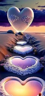 Dreamy beach scene with glowing heart pools at sunset.