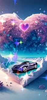 Dreamy heart and car in fantasy wallpaper scene.