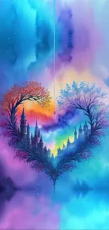 Heart-shaped castle in a colorful fantasy sky wallpaper.