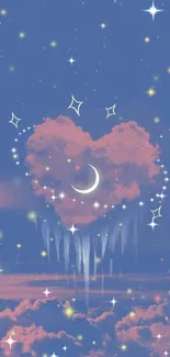 Heart-shaped cloud with stars and moon on a blue sky background.