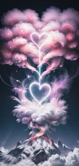 Dreamy heart cloud with pink hues over a mystical mountain.