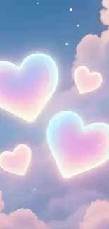 Heart-shaped clouds with pastel colors drifting in a blue sky.