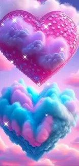 Vibrant pink and blue heart clouds on a dreamy sky background.