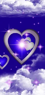 Purple sky with silver hearts and clouds in a dreamy mobile wallpaper.