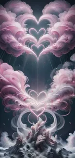 Mobile wallpaper with pink heart-shaped clouds in a fantasy night sky.