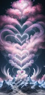 Whimsical heart-shaped clouds in pink hues on a dark background.