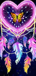 Purple heart dreamcatcher with butterfly and colorful feathers.