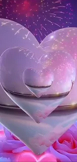 Dreamy wallpaper with hearts and fireworks over a purple sky.