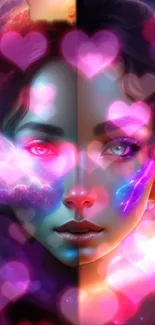 Dreamy galaxy art with vibrant heart overlay and woman's portrait.