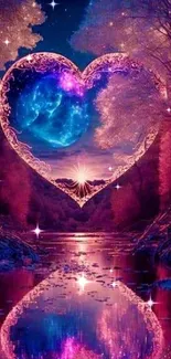 Heart-shaped purple night scene with cosmic vibes.