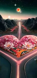 Surreal heart-shaped road and flowers under a starry sky.