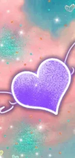 Purple winged heart on pastel sky mobile wallpaper.