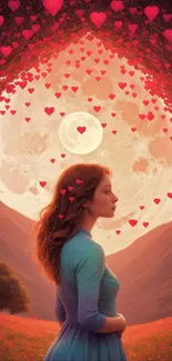 Woman with red hearts and full moon background.