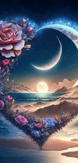 Heart-shaped nightscape with moon, roses, and sea.