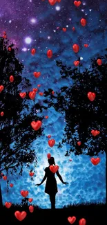 Silhouette of girl under starry sky with floating red hearts.