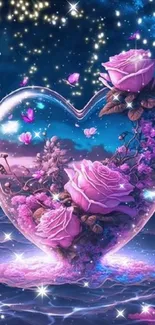 Heart-shaped glass filled with purple roses and stars over water.