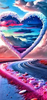 Dreamy heart-shaped sky over a colorful road landscape.