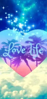 Colorful heart-shaped sky wallpaper with stars and palm trees.