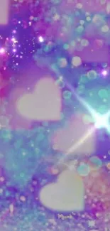 Dreamy sparkling hearts on purple and blue background.