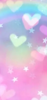 Mobile wallpaper with pastel hearts and stars in soft hues.