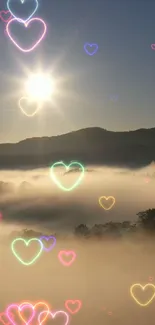 Serene sunrise with colorful hearts in the sky over misty mountains.