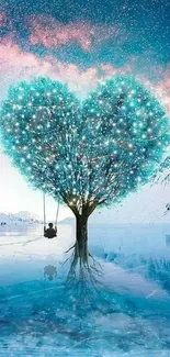 Heart-shaped tree reflecting on icy water under a starry sky.