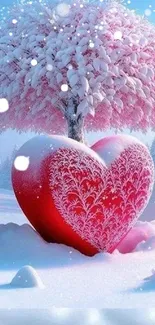 Heart-shaped pink tree in snowy landscape mobile wallpaper.